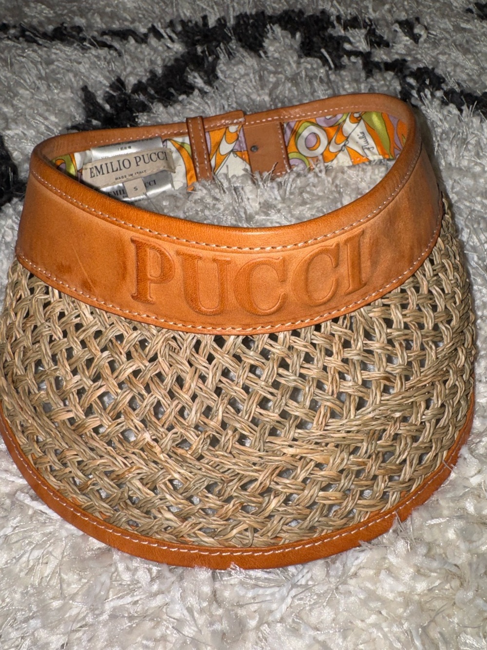 Emilio Pucci Tan Leather-Trim Woven Straw Visor